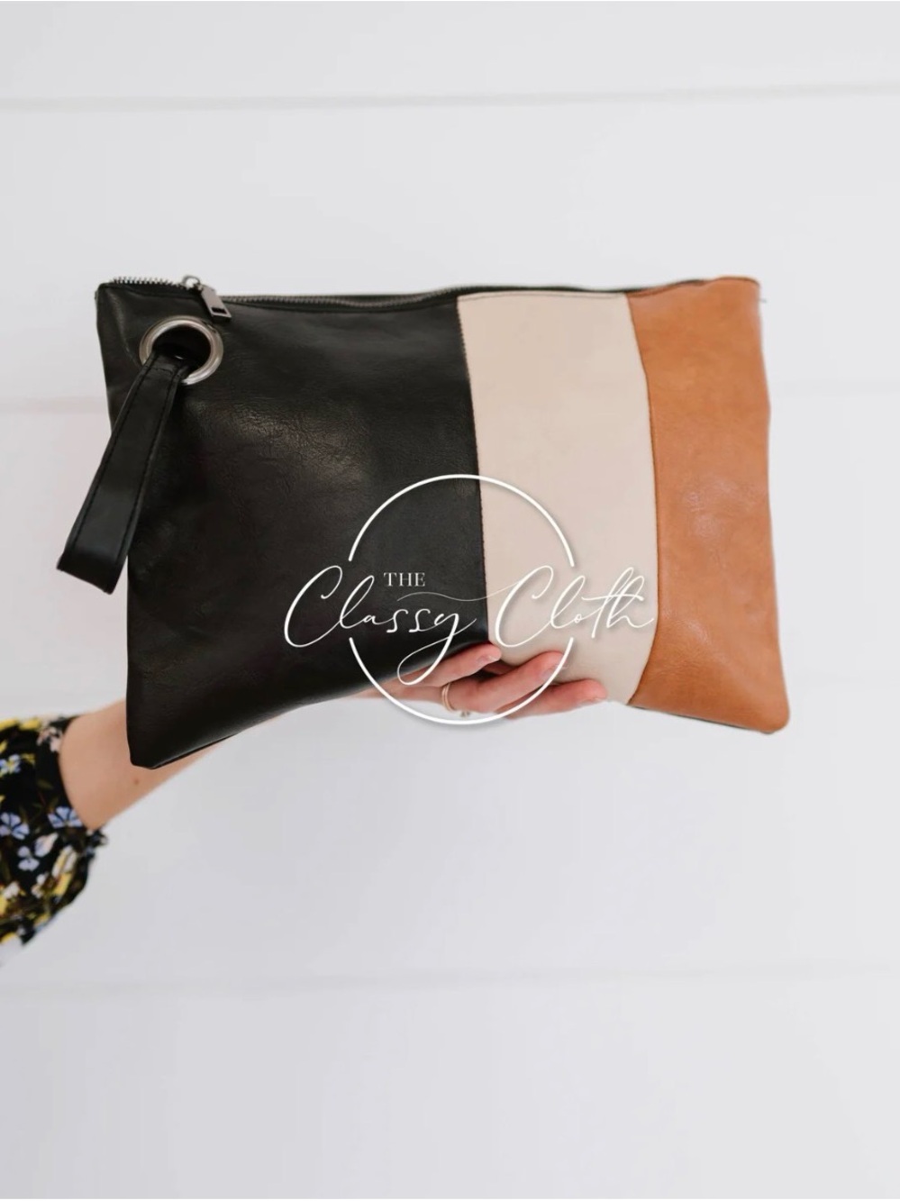 Tri-Panel Leather Wristlet Clutch in Black, Cream & Tan